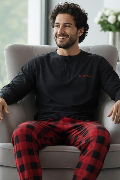Pijamaevi Μαύρο σετ πιτζάμες με μοντέρνο ανδρικό σχέδιο με μακρυμάνικο μπλουζάκι