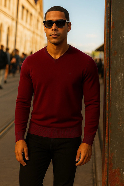 Maccali Men's Premium Comfort Casual Long Sleeve V-Neck Burgundy Sweater