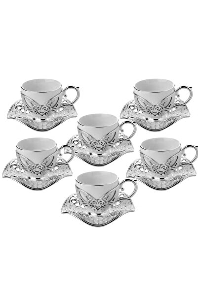 BUSEM Turkish Coffee Set of 6 Porcelain Cups with Holders and Silver Copper Saucers – Made in Türkiye