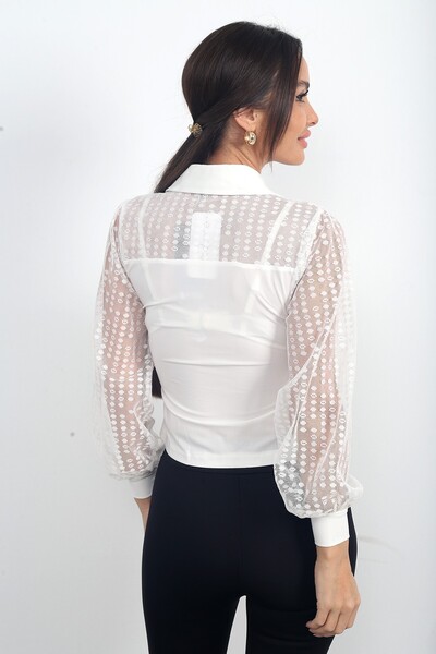 By Saygı Bluză material elastic pentru femei, cu fermoar în față, cu mâneci și umeri din tul