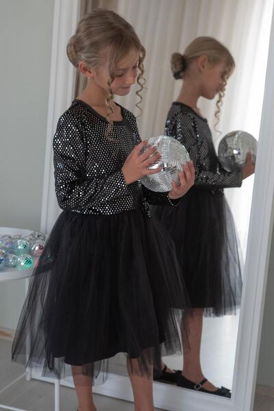 Breeze Κοριτσίστικο μακρυμάνικο φόρεμα βελούδινη παγιέτα 5-10 ετών, μαύρο