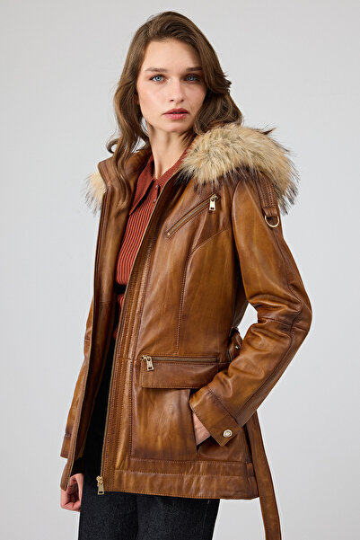 Derimod Donatella Women's Camel Belted Hooded Leather Coat 25Wge5326Nc