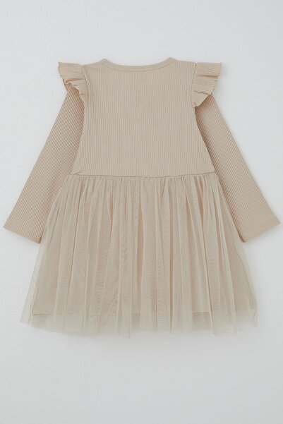 Breeze Κοριτσίστικο μακρυμάνικο φόρεμα με βολάν στους ώμους και λεπτομέρεια φιόγκου, ηλικία 3-8 ετών, μπεζ