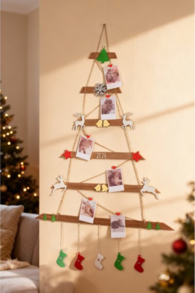 Rhea Store Yılbaşı Çam Ağacı Fotoğraf Askısı MDF Duvar Dekor, Mandallı Anı Pa...