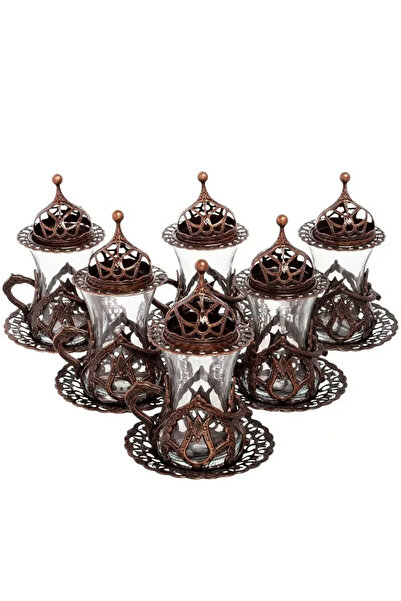 ACAR Turkish Tea Set: 6 Glass Cups with Openable Tops and Saucers, Antique Red, Made in Türkiye