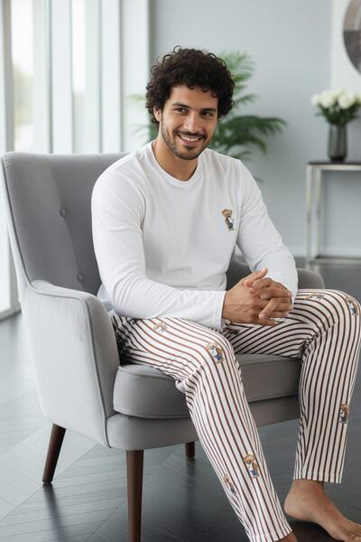 Pijamaevi Σετ πιτζάμες με μακρυμάνικο ανδρικό στυλ με σχέδιο λευκού αρκούδα