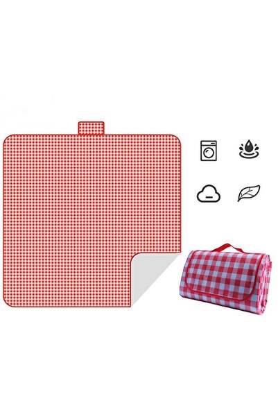 OEM Picnic and beach rug, waterproof, with handle, 200×150 cm, Premium – red with white checks