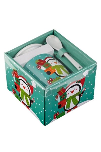 AB HOMES Christmas Mug Set with Lid & Spoon, Penguin with Gifts, 350 ml – 3 Pieces