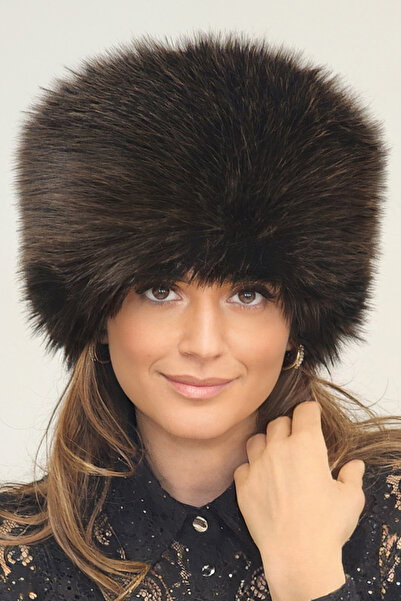 Mağazam Online Russian Style Long Fur Trendy Kalpak Hat Winter Plush Vegan Faux Fur - Soft Dark Brown Mottled