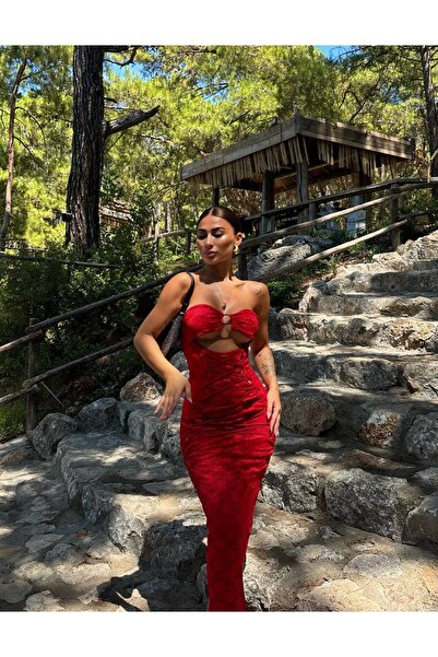 Miss Dantel Kumaş İç Tül Astar Straplez Halka Detaylı Uzun Elbise