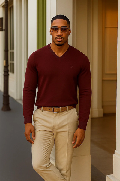 Maccali Men's Trend Casual Loose Long Sleeve V-Neck Burgundy Sweater