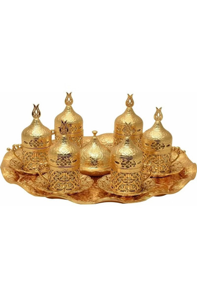 ACAR Coffee Serving Set for 6 with Glass Cups, Saucers, Lids, Sugar Bowl & Tray in Gold , Made in Turkey