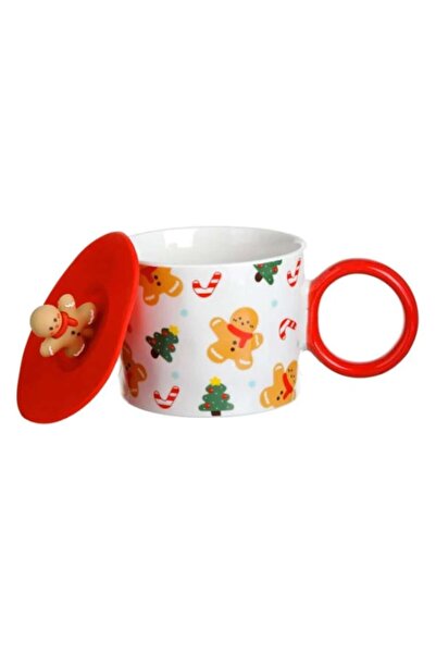 AB HOMES Set of 2 Christmas Mugs AB Homes, New Bone, Ring Handle & Silicone Lid with Gingerbread, 400 ml