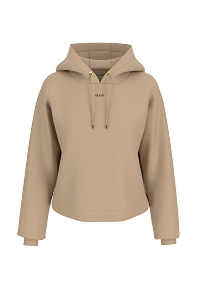 Guess Kadın Scuba Fermuarlı Kapüşonlu Logolu Sweatshirt - Bej