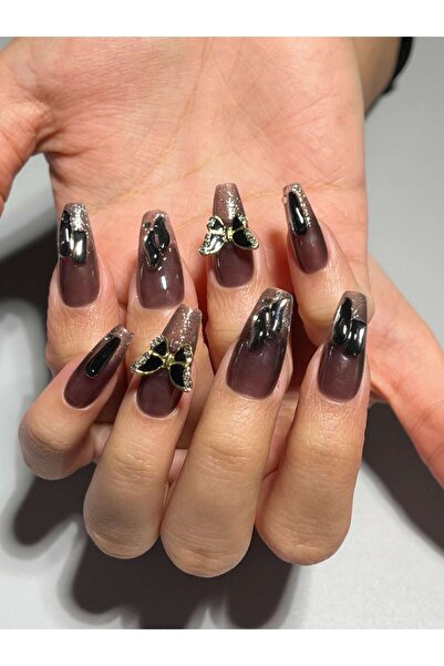 NailsTell 143xs Siyah Simli Ombre Taşlı Kelebek Protez Jel Takma Tırnak Ve Ak...