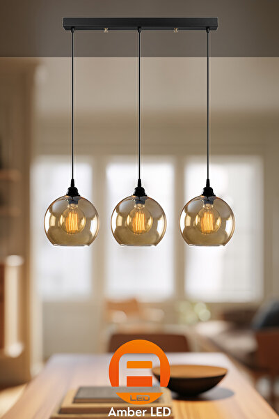AmberLED Modern Camlı 3'lü Sıralı Sarkıt Avize Siyah Metal Gövdeli E27 Uyumlu