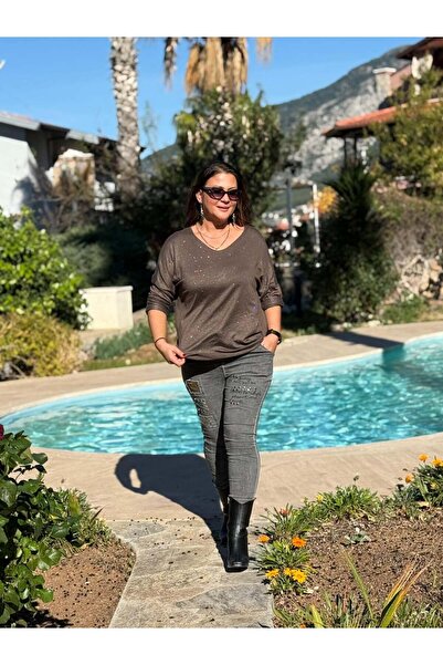 Punta Otantik NC82581 Πλεκτό μπλουζάκι με λαιμόκοψη σε σχήμα V καφέ