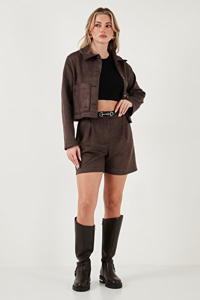 Lela Regular Fit High Waist Suede Textured Pleated Detail Shorts Shorts 6522022