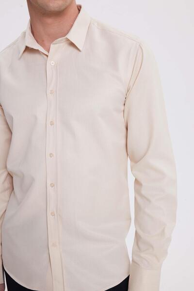 Tudors Μοντέρνο ανδρικό πουκάμισο με μακρύ μανίκι από βαμβακερό εύκολο στο σιδέρωμα Dobby Beige εφαρμοστό