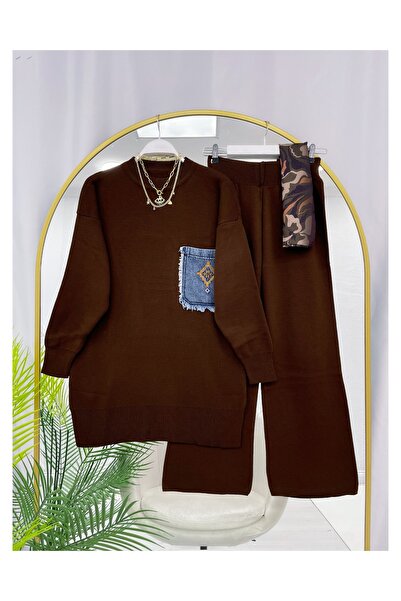 YEDİLALE Denim Pocketed Casual Knitwear Double Set [Standard Size, Includes Tunic and Pants]