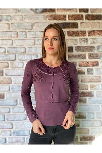 AGORATEKSTİL Women's Italian Sim Bead and Sequin Detailed Bolero Set Blouse and Vest 36-42