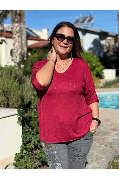 Punta Otantik Nc82581 Glitter V-Neck Knit Blouse Burgundy