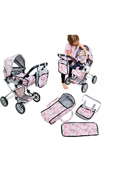 Doris Flowers 2in1 foldable doll stroller with adjustable handle, canopy with window, mattress