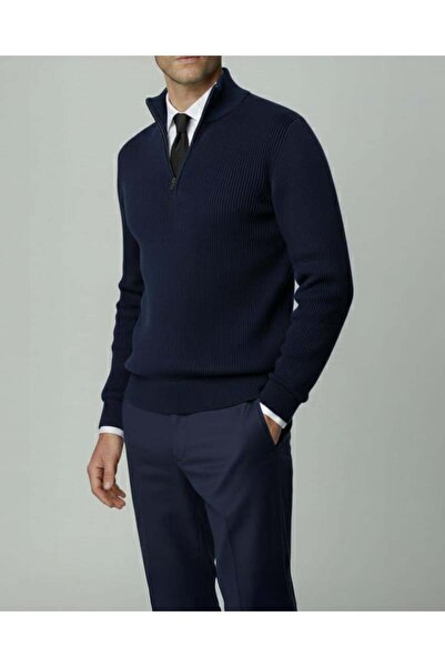 TerziAdemAltun Italian Style S Slim Fit Zipper Polo Neck Knitwear Sweater Navy Blue T14945