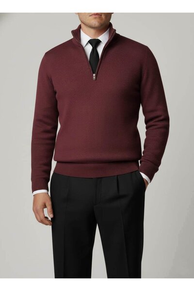 TerziAdemAltun Italian Style S Slim Fit Zipper Polo Neck Knitwear Sweater Burgundy T14943