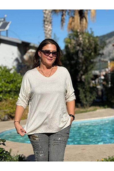 Punta Otantik Nc82581 Glitter V-Neck Knitwear Blouse Cream