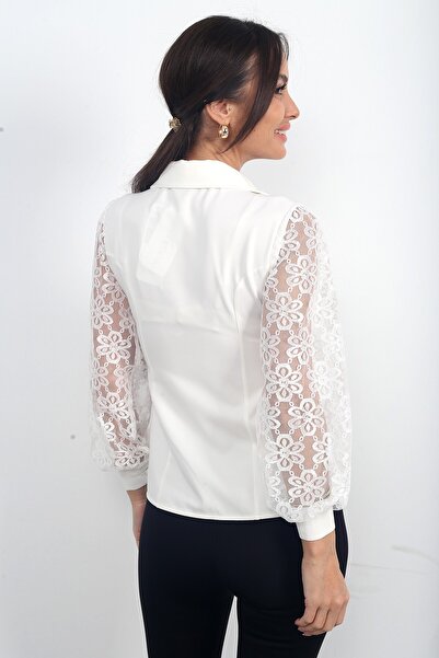 By Saygı Γυναικεία μπλούζα με λουλουδάτο τούλι με κουμπιά μπροστά ελαστικό ύφασμα