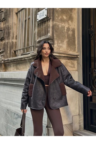 Ekim Store Koyu Kahve Lamine Çoban Düğmeli Mont