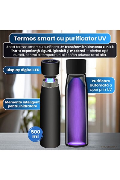 PROUDANKA Smart Thermos with UV Purification, 500 ml, LED Temp Display, Hydration Reminder, Black