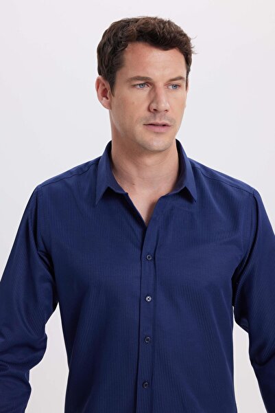 Tudors Modern Slim Fit Long Sleeve Cotton Easy Iron Dobby Navy Blue Men's Shirt