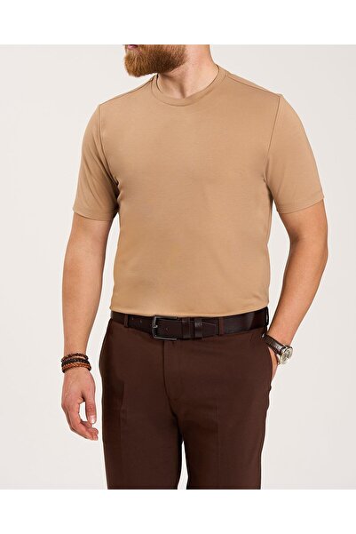 TerziAdemAltun Italian Style S Slim Fit Crew Neck Knitwear T-Shirt Beige T13760