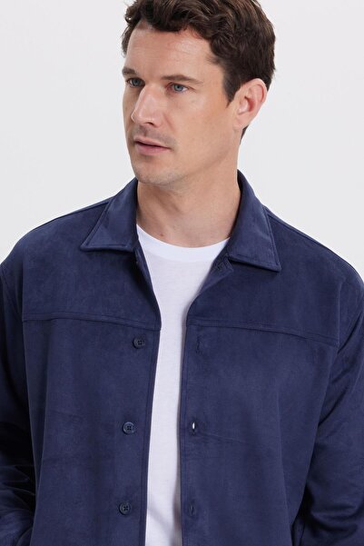 Tudors Men's relaxed fit comfortable straight suede navy jacket shirt with side pockets