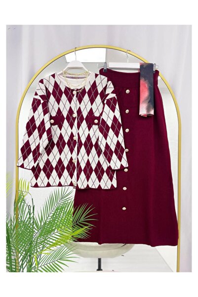 YEDİLALE Gold Buttoned Baklava Pattern Cardigan Skirt Knitwear Double Set [Jacket and Skirt Are Included in the Price.]
