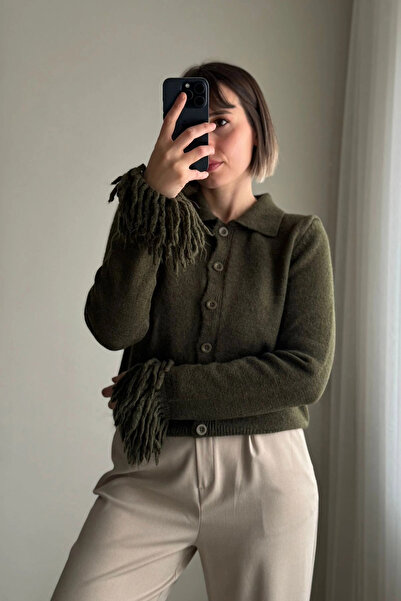 Kubos Moda Polo Neck Khaki Cardigan with Tassel Sleeves