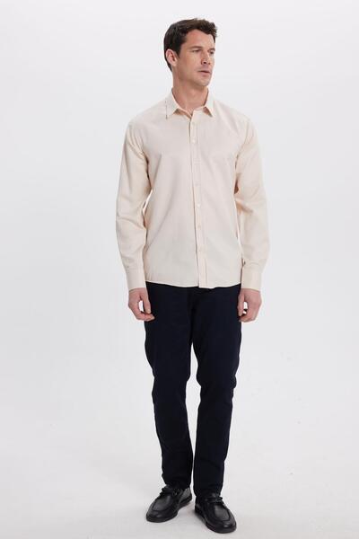 Tudors Μοντέρνο ανδρικό πουκάμισο με μακρύ μανίκι από βαμβακερό εύκολο στο σιδέρωμα Dobby Beige εφαρμοστό