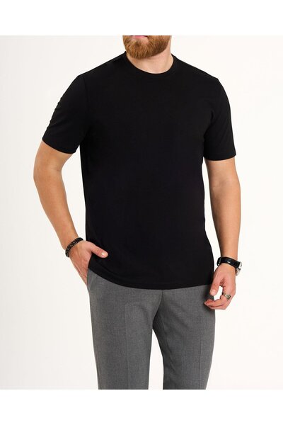 TerziAdemAltun Italian Style S Slim Fit Crew Neck Knitwear T-Shirt Black T13763