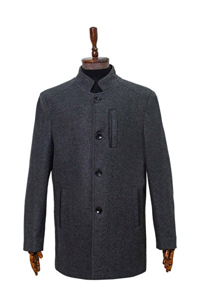 SÜVARİ Hakim Yaka Loose Fit Patterned Wool Anthracite Men's Coat