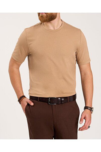 TerziAdemAltun Italian Style S Slim Fit Crew Neck Knitwear T-Shirt Beige T13760