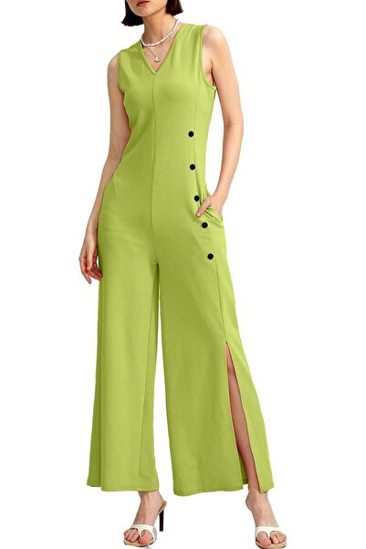 NO BRAND Women's Summer Sleeveless V-neck Jumpsuit with Pockets