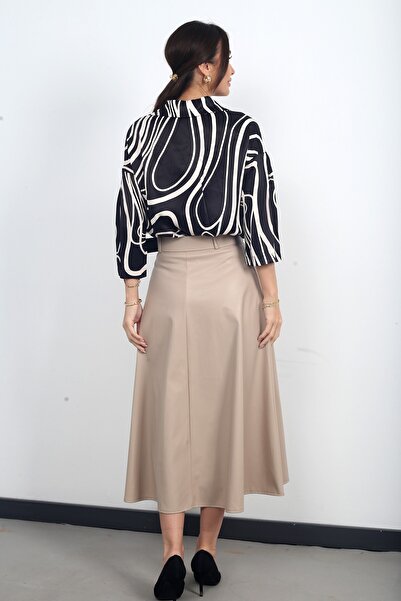 By Saygı Women's Belted Fleece-Lined Flared Long Leather Skirt