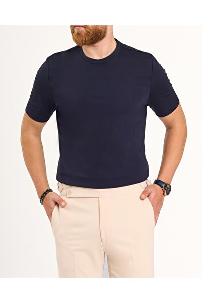 TerziAdemAltun Italian Style S Slim Fit Crew Neck Knitwear T-Shirt Navy Blue T13766