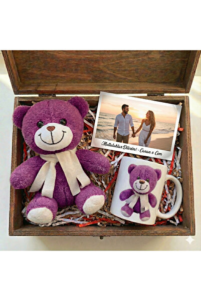 Hr Production Özel Gün Kişileştirilebilir Mor Büyük Peluş Set|25cm Ayıcık,Kup...