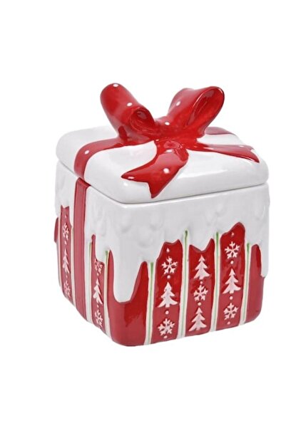 AB HOMES Ceramic Biscuit Container 14x20.5 cm, Square Gift Shape with Bow, Christmas Festive Decor
