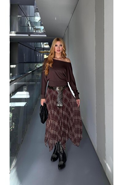 Angel Mia Plaid Patterned Asymmetrical Skirt Brown