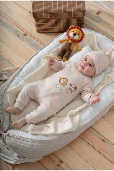 Genel Markalar %100 Organik Pamuk Kumaş Baby Jungle Nakışlı Patiksiz Bebek Tulum