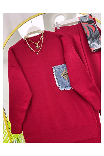 YEDİLALE Denim Pocketed Casual Knitwear Double Set [Standard Size, Includes Tunic and Pants]